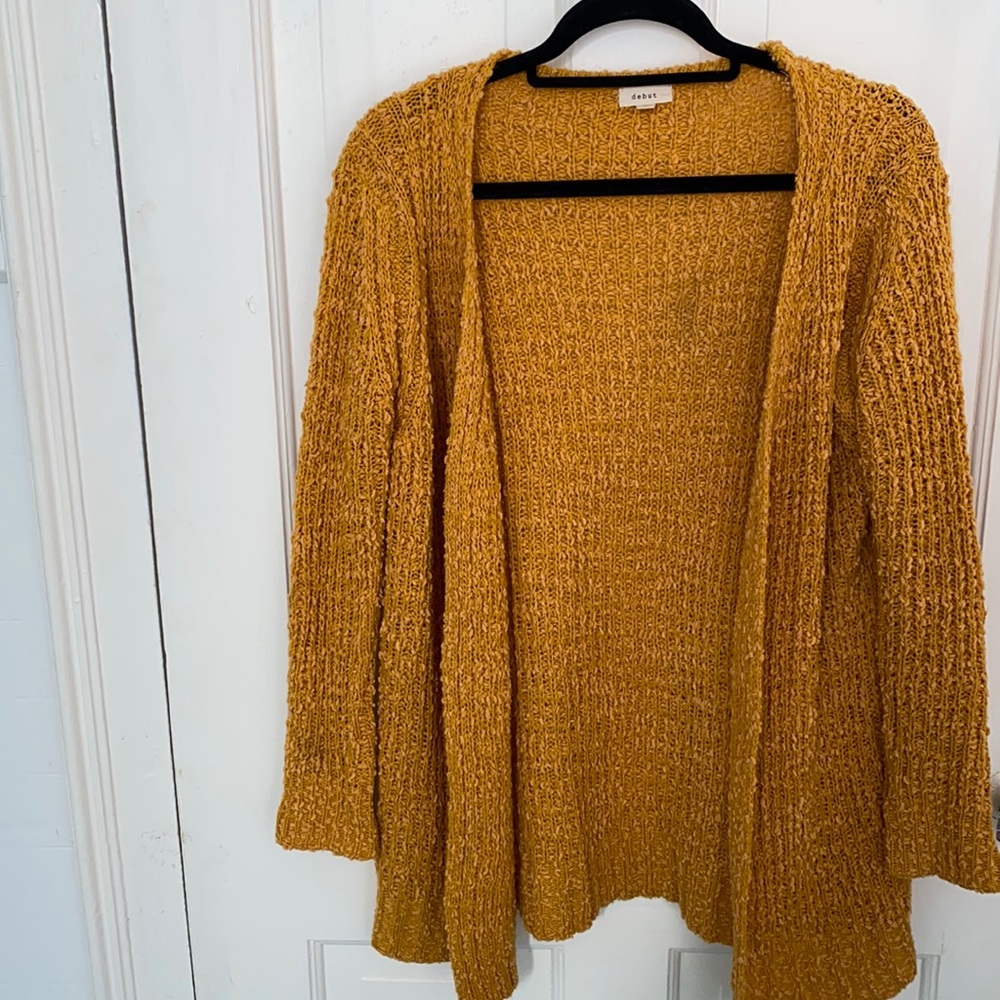 Simple knit sweater cardigan, mustard color, great to pull over anything